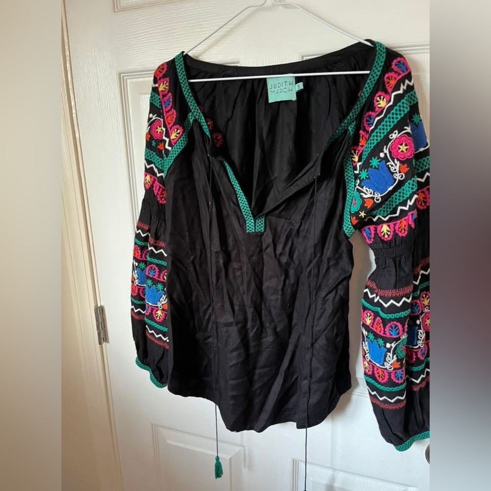 Judith March Black Top with Colorful Embroidery